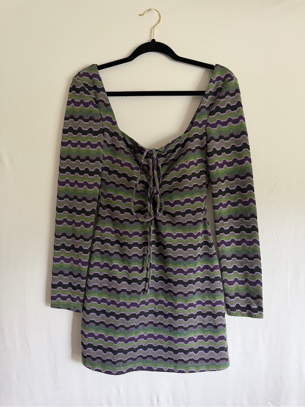 Zara Purple Green/Purple Metallic Zig Zag Low Back Retro Mini Dress Size XS